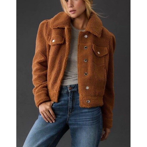 Avec Les Filles Sherpa Trucker Jacket Brown Collared Button Plush Snap Womens XL - Picture 1 of 13